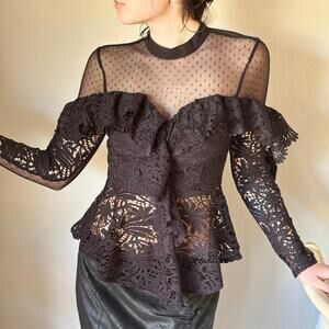 ALLYSON COLLECTION Wm S Fitted Black Lace Peplum Ruffled Sheer Mesh Blouse